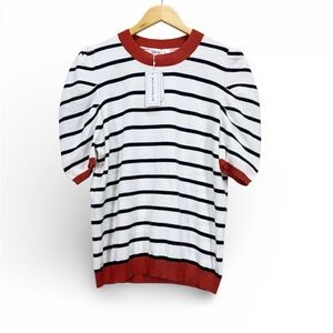 TARSE Striped Puff Sleeve Knit Top Size L Navy White Rusty Red Ribbed Trim